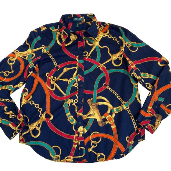 L-Ralph Lauren Sz L Signature Equestrian Print Long Sleeve Button Down Shirt - Picture 8 of 16
